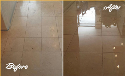 Before and After Picture of a Stone Honing and Polishing on Marble with Glossy Finish