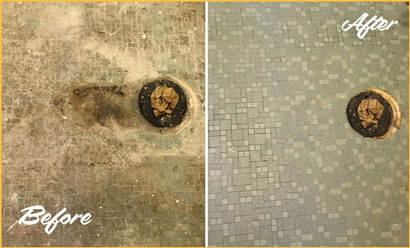 Before and After Picture of Water Damage Repair on a Tile Floor