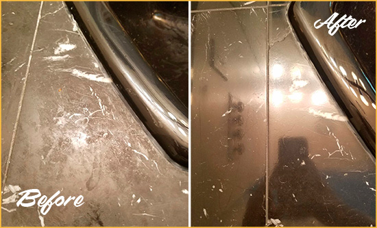 Before and After Picture of a Heavily Scratched Marble Tub Cleaned and Sealed