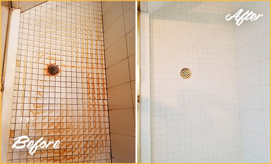 Before and After Picture of Grout Cleaning on a Shower to Remove Rust Stains