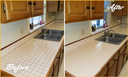 Picture of Tile Countertop Before and After Grout Cleaning