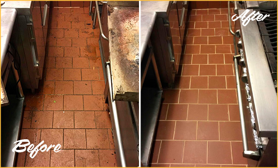 Before and After Picture of a Sunset Valley Restaurant Kitchen Tile and Grout Cleaned to Eliminate Dirt and Grease Build-Up