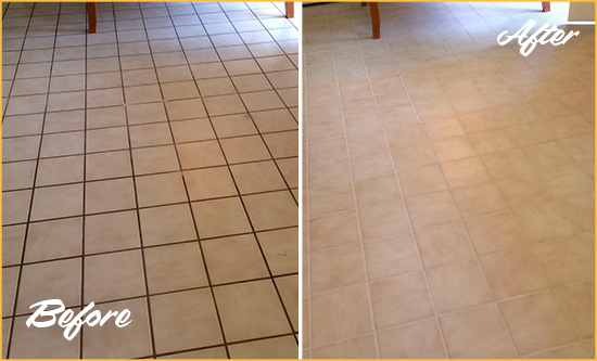 Before and After Picture of a Mustang Ridge Kitchen Tile and Grout Cleaned to Remove Embedded Dirt