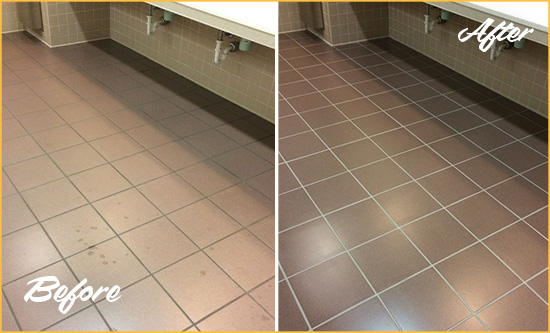 Before and After Picture of a Point Venture Restrooms Tile and Grout Cleaned to Remove Embedded Dirt