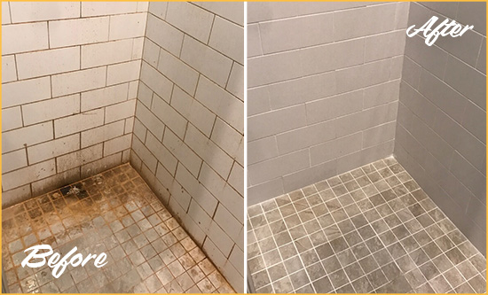 Before and After Picture of a Mustang Ridge Shower Tile and Grout Cleaned to Eliminate Mold and Stains