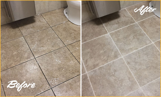 Before and After Picture of a Bee Cave Restroom Tile and Grout Cleaned to Remove Soil