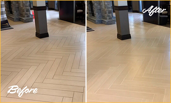 Before and After Picture of a Cedar Valley Office Floor Tile and Grout Cleaned to Remove Stains