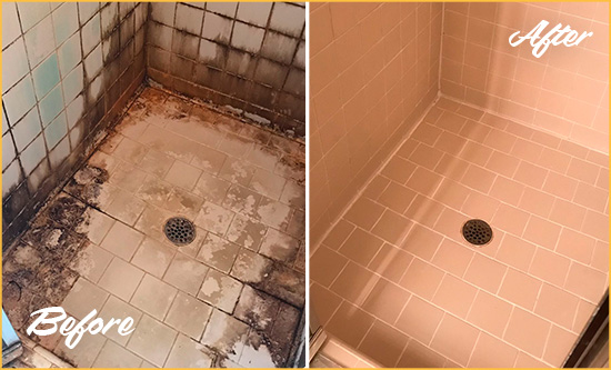 Before and After Picture of a Manor Shower Tile and Grout Cleaned to Repair Water Damage