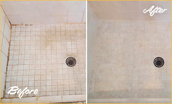 Before and After Picture of a Driftwood Shower Caulked to Fix Cracks