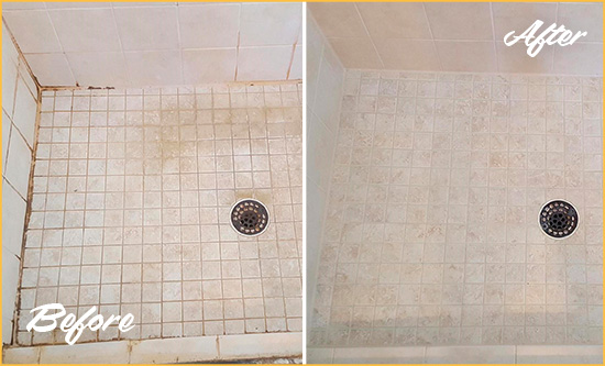 Before and After Picture of a Pflugerville Shower Caulked to Fix Cracks