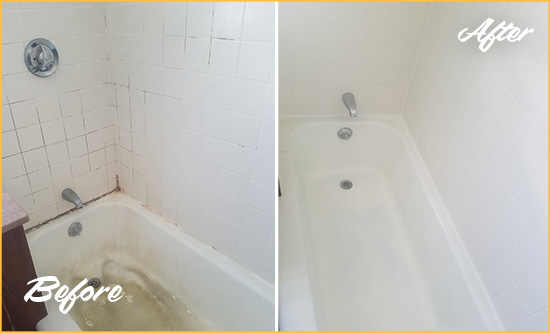 Before and After Picture of a Jonestown Bathtub Caulked to Repair Cracks