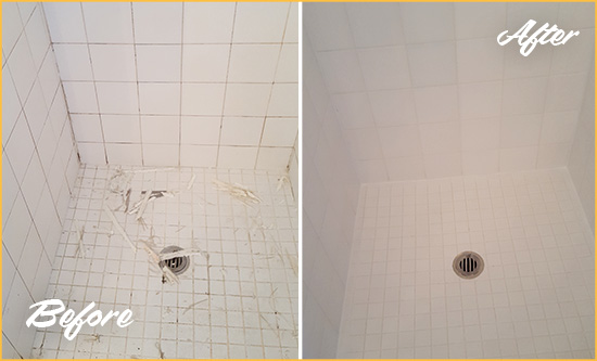 Before and After Picture of a Austin Bathroom Re-Caulked To Repair Damaged Caulking