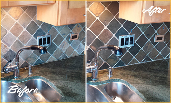 Before and After Picture of a Cedar Valley Backsplash Caulked to Fix and Prevent Water Leaks