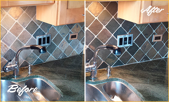 Before and After Picture of a Jonestown Backsplash Caulked to Fix and Prevent Water Leaks