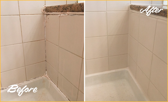 Before and After Picture of a Pflugerville Shower Caulked to Repair Damaged Caulking