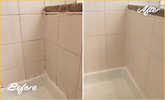 Before and After Picture of a Sunset Valley Shower Caulked to Repair Damaged Caulking