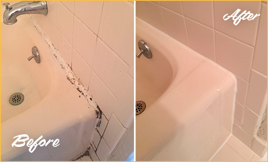 Before and After Picture of a Driftwood Bathroom Sink Caulked to Fix a DIY Proyect Gone Wrong