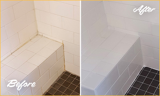 Before and After Picture of a The Hills Shower Seat Caulked to Protect Against Mold and Mildew Growth