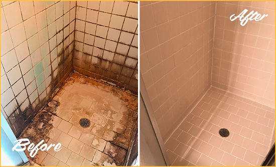 Before and After Picture of a Pflugerville Shower Caulked to Fix and Prevent Water Damage