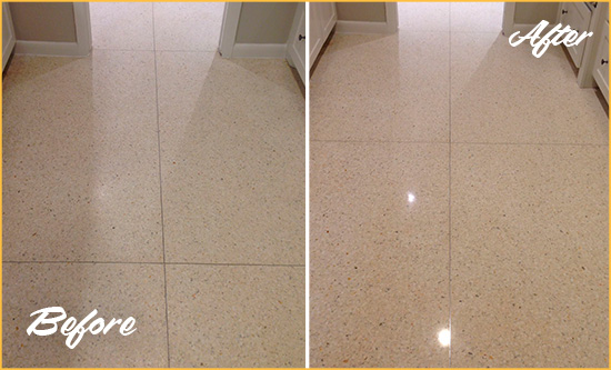 Before and After Picture of a Bee Cave Granite Stone Floor Polished to Repair Dullness