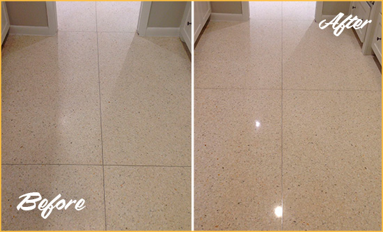 Before and After Picture of a Mustang Ridge Granite Stone Floor Polished to Repair Dullness