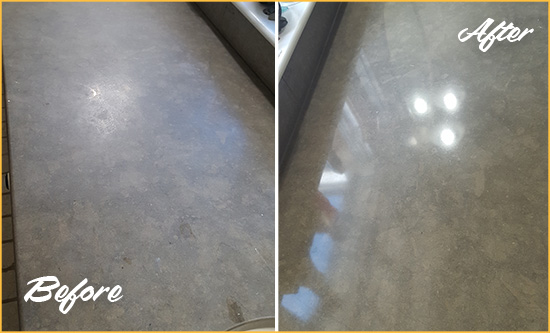 Before and After Picture of a Dull Leander Limestone Countertop Polished to Recover Its Color