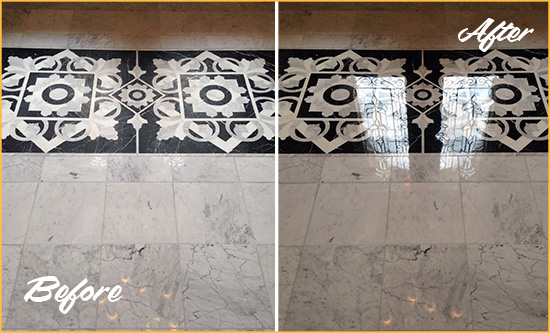 Before and After Picture of a Mustang Ridge Marble Stone Floor Polished to a Mirror Shine