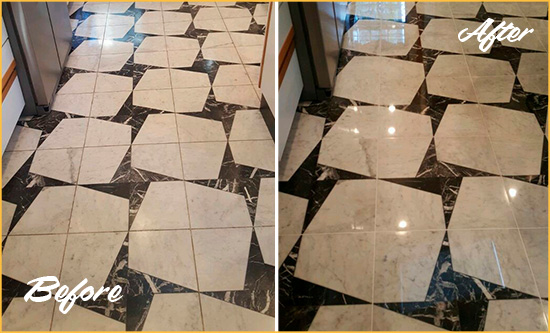 Before and After Picture of a Dull Cedar Park Marble Stone Floor Polished To Recover Its Luster