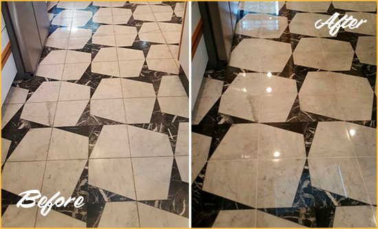 Before and After Picture of a Dull Round Rock Marble Stone Floor Polished To Recover Its Luster