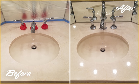 Before and After Picture of a Dull Rollingwood Marble Stone Vanity Top Polished to Bring-Back Its Sheen