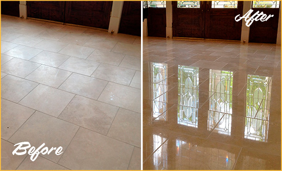 Before and After Picture of a Dull Lago Vista Travertine Stone Floor Polished to Recover Its Gloss