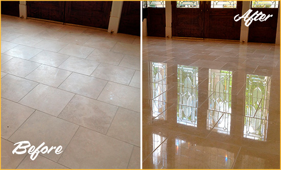 Before and After Picture of a Dull Creedmoor Travertine Stone Floor Polished to Recover Its Gloss