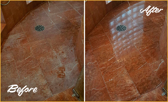 Before and After Picture of a Volente Marble Stone Shower Polished to Eliminate Mineral Deposits