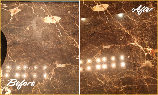 Before and After Picture of a San Leanna Marble Stone Countertop Polished to Eliminate Stains