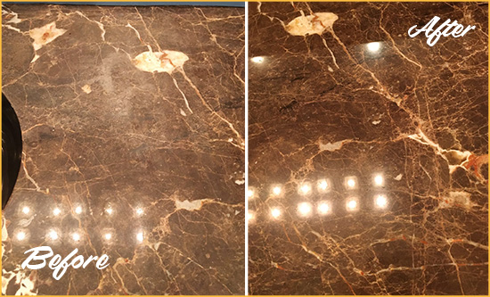 Before and After Picture of a Volente Marble Stone Countertop Polished to Eliminate Stains