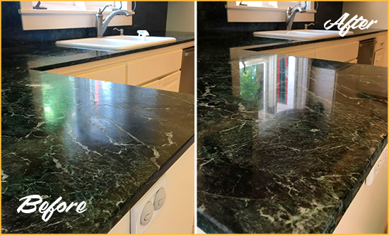 Before and After Picture of a Point Venture Marble Stone Counter Polished to Eliminate Water Marks