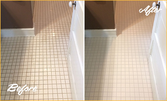 Before and After Picture of a Mustang Ridge Bathroom Floor Sealed to Protect Against Liquids and Foot Traffic