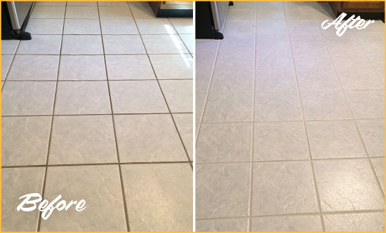 Before and After Picture of a Round Rock Kitchen Ceramic Floor Sealed to Protect From Dirt and Spills