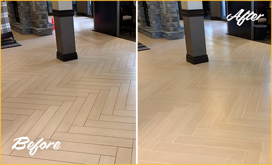 Before and After Picture of a Dirty Lago Vista Ceramic Office Lobby Sealed For Extra Protection Against Heavy Foot Traffic