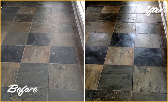 Before and After Picture of a Dull Round Rock Slate Floor Sealed to Bring Back Its Colors