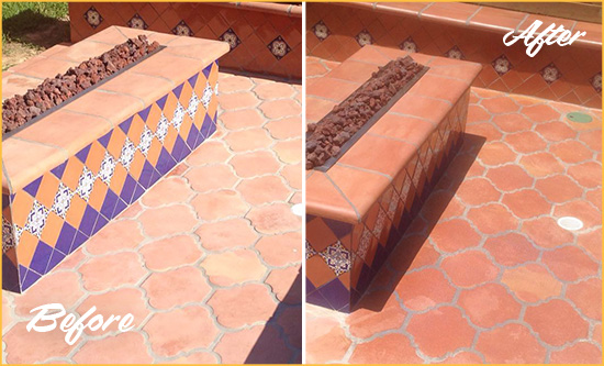 Before and After Picture of a Dull Webberville Terracotta Patio Floor Sealed For UV Protection