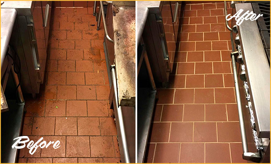 Before and After Picture of a Mustang Ridge Restaurant Kitchen Floor Sealed to Remove Soil