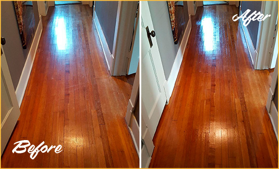 Before and After Picture of a Driftwood Wood Deep Cleaning Service on a Floor to Eliminate Scratches