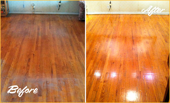 Before and After Picture of a Buda Wood Deep Cleaning Service on a Stained Floor