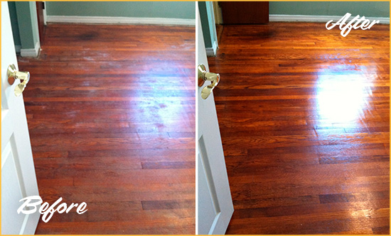 Before and After Picture of a Driftwood Wood Deep Cleaning Service on a Dull Floor to Remove Stains