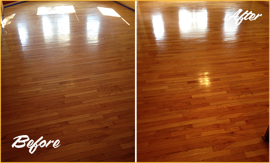 Before and After Picture of a Manor Wood Sand Free Refinishing Service on a Room Floor to Remove Scratches