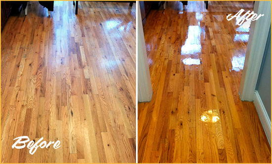 Before and After Picture of a Briarcliff Wood Sand Free Refinishing Service on a Worn Out Hallway