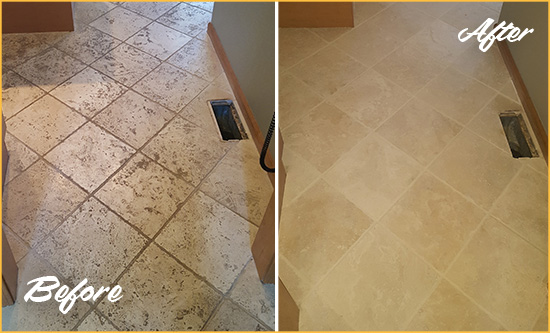 Before and After Picture of a Point Venture Kitchen Marble Floor Cleaned to Remove Embedded Dirt