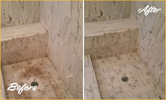 Before and After Picture of a Dirty West Lake Hills Marble Shower Cleaned to Eliminate Dark Stains