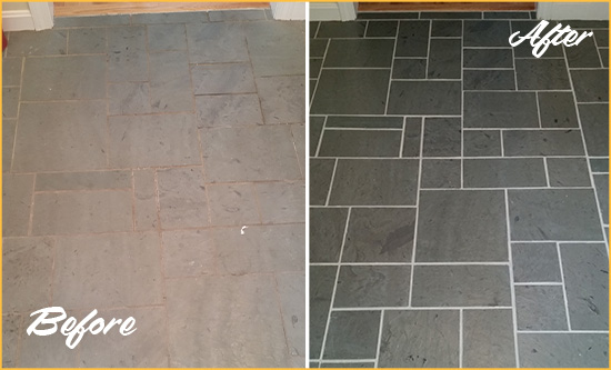 Before and After Picture of a Rollingwood Slate Floor Cleaned to Remove Deep-Seated Dirt